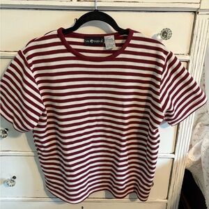 Sag Harbor Maroon and White Striped Ribbed Tee